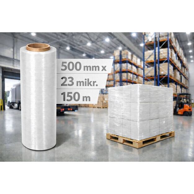 Pakavimo plėvelė Stretch 500mm/23mik 150m, rankinė skaidri