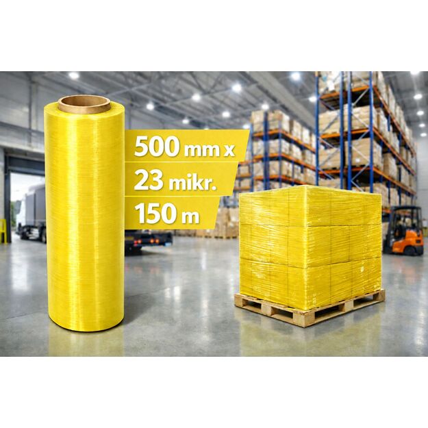 Pakavimo plėvelė Stretch 500mm/23mik 150m, rankinė geltona