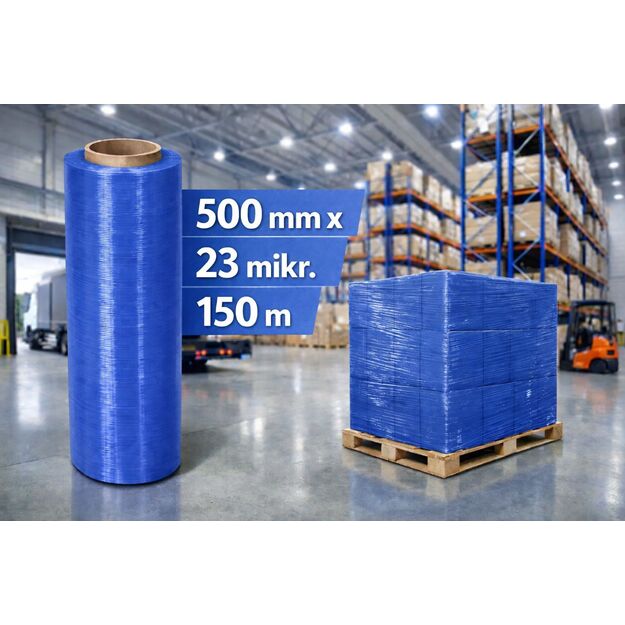Pakavimo plėvelė Stretch 500mm/23mik 150m, rankinė mėlyna